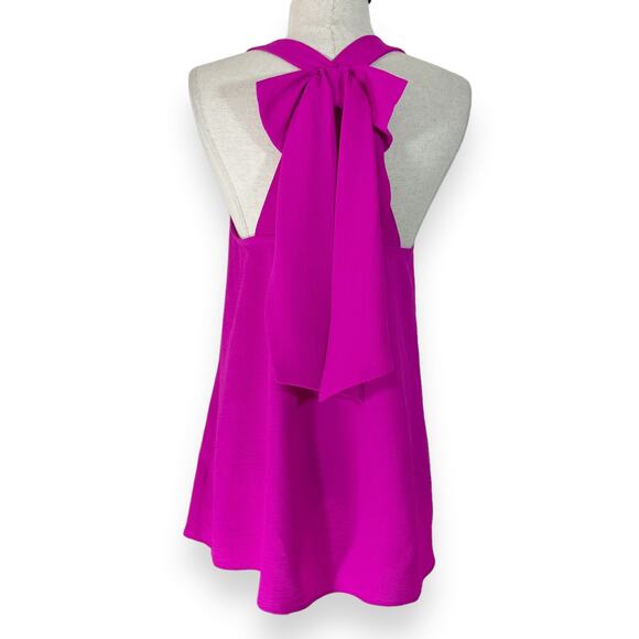 Fuchsia pink sleeveless bow top, women's small flowy crepe swing top blouse - Picture 2 of 8